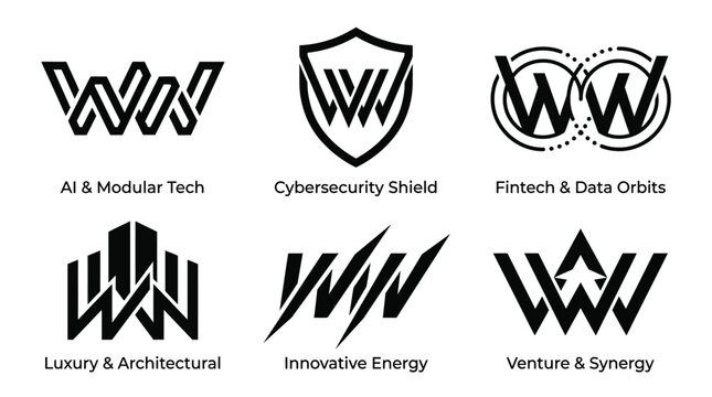 Collection of six distinct W letter logos representing various industries and concepts.