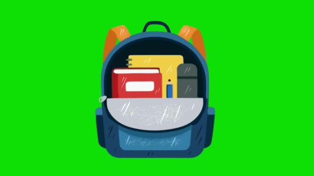 A blue backpack contains school supplies on a green background