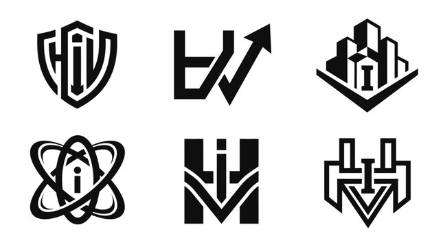 Set of six abstract black and white logos with various geometric shapes and symbols.
