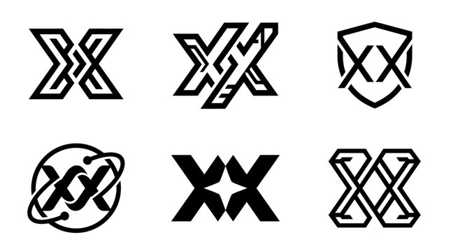 Set of six abstract intertwined letter X logos and monograms in black and white.
