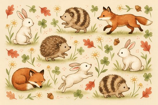 Hand drawn woodland animal pattern featuring cute rabbits, foxes, and hedgehogs with autumn leaves, acorns, and flowers on a beige background