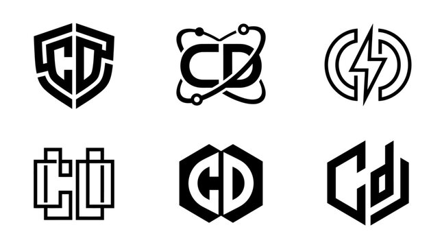 Set of six creative CD letter logo designs in various styles.
