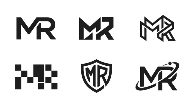 Set of six creative MR letter logo designs in black and white.