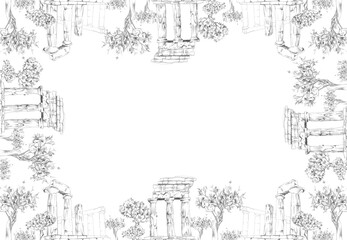Fototapeta premium Classical ruins and olive trees border frame. Hand drawn pencil illustration with Mediterranean atmosphere. Travel invitations, museum event announcements, heritage certificates, cultural stationery.