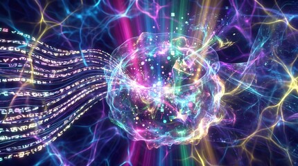 Fototapeta premium Prompt engineering visualization with flowing text transforming into glowing abstract data sphere