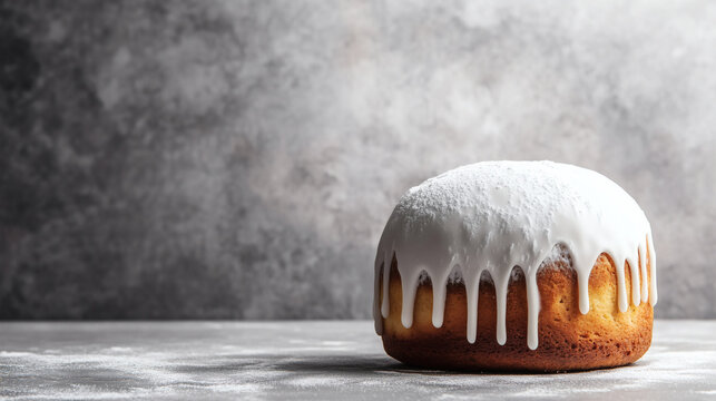 Easter cake with white sugar glaze on grey textured concrete background