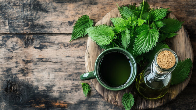 Top view of herbal nettle tea cup with fresh green stinging nettle leaves. Nettle oil