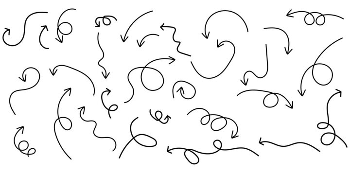 Diverse hand-drawn doodle arrows collection. Creative directional indicators for graphic design. Enhance visual communication with artistic flair