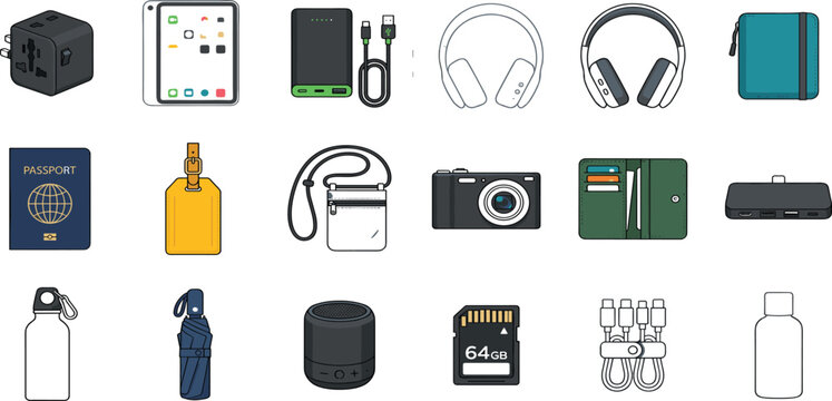Digital nomad travel gadgets and electronic accessories vector flat icons set for trip essentials