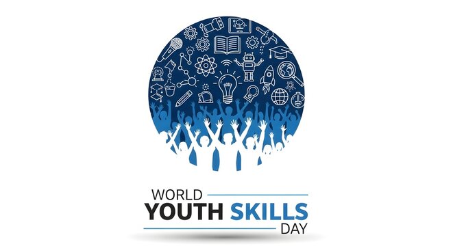 World youth skills day conceptual badge with student silhouettes and education icons education learning training development vocational professional