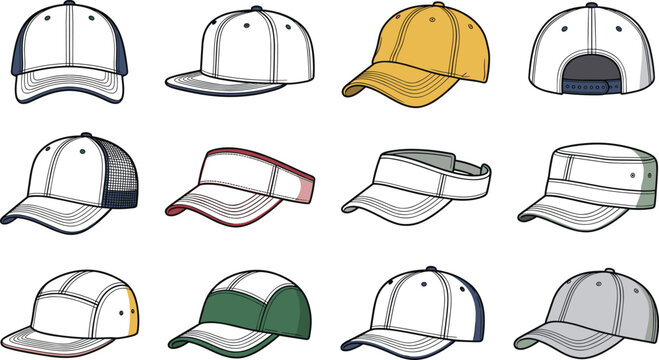 Baseball Cap and Headwear Vector Icon Set with Snapback Hats, Sun Visors, Trucker Caps, and Military Cadet Hats for Apparel Mockup Graphic Designs