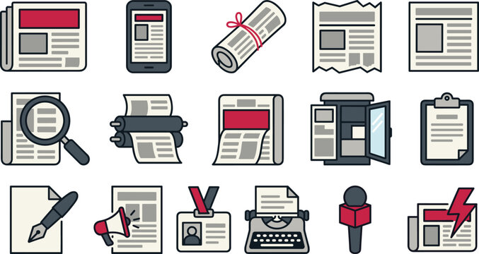 Newspaper and Journalism Media Vector Icon Set with Press Badges, Typewriters, Microphones, Magnifying Glasses, and Printing Presses for Mass Communication Graphic Designs