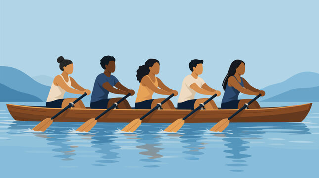 Five diverse faceless rowers with paddles propel a wooden boat across blue water in this energetic flat vector illustration, ideal for teamwork, collaboration, and sports design projects.