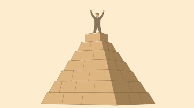 A faceless figure with raised triumphant arms places the final capstone block on top of a stone pyramid in this flat vector illustration, great for achievement, milestone, and success design themes.