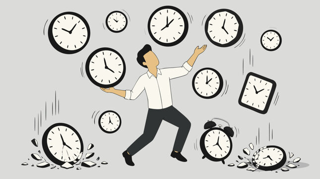 A faceless professional surrounded by too many falling ticking clocks struggles to juggle all tasks in this evocative flat vector illustration, ideal for time management and work-life balance design.