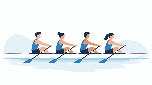A team of four faceless rowers in matching blue uniforms paddle in perfect synchronized unison in this flat vector illustration, perfect for corporate teamwork and collaboration design themes.