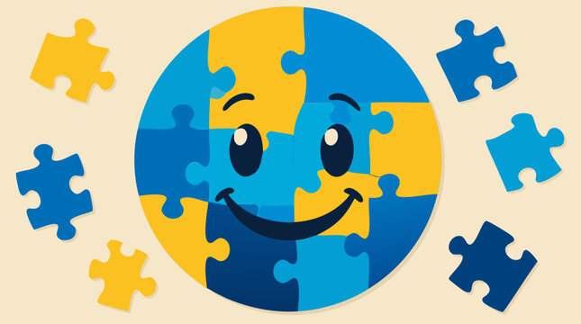 A circular smiley face assembled from interlocking blue and yellow puzzle pieces with loose pieces nearby is shown in this flat vector illustration, ideal for teamwork, mental health, and community de