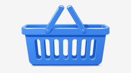 Fototapeta premium A three-dimensional blue plastic shopping basket with shiny smooth surfaces and dual handles is depicted with realistic reflection in this flat vector illustration, ideal for retail and e-commerce des