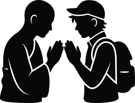Silhouette illustration of a monk greeting a young traveler boy