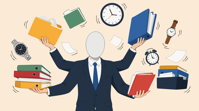 Flat vector illustration of a faceless businessman with multiple arms multitasking with folders and clocks, ideal for time management and business efficiency themes.
