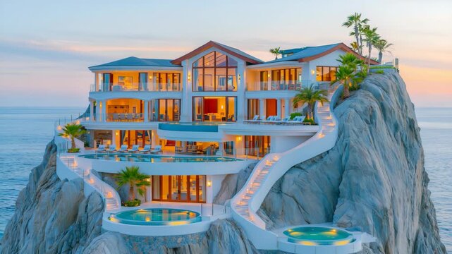 Luxurious cliffside mansion with an infinity pool overlooking the ocean, showcasing modern architecture, breathtaking coastal views, exclusive living, and a serene tropical escape.