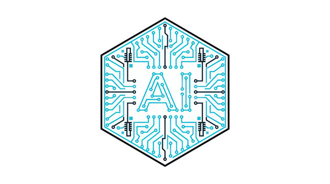A futuristic AI circuit board logo with blue lines and shapes on a white background