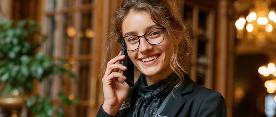 Fototapeta premium A smiling professional woman wearing glasses talks on a phone against a warm, blurred interior background.