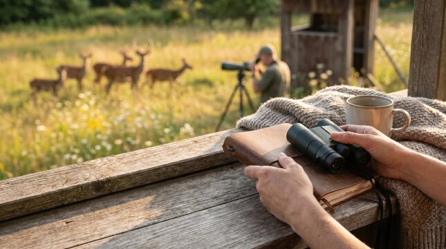 Wildlife observer holding binoculars and leather journal in hunting blind with deer in field, nature enthusiast watching animals at sunrise