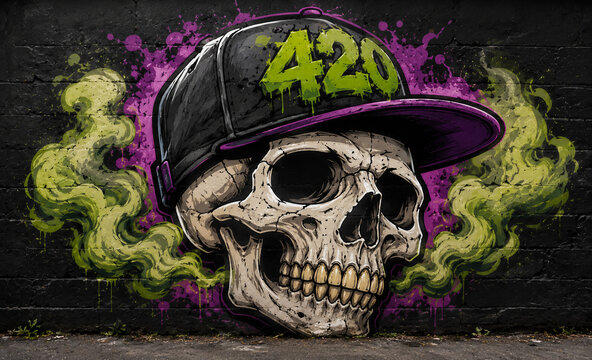 Edgy skull graffiti wearing a 420 cap with green smoke and purple paint splashes on dark brick wall, urban street art style.