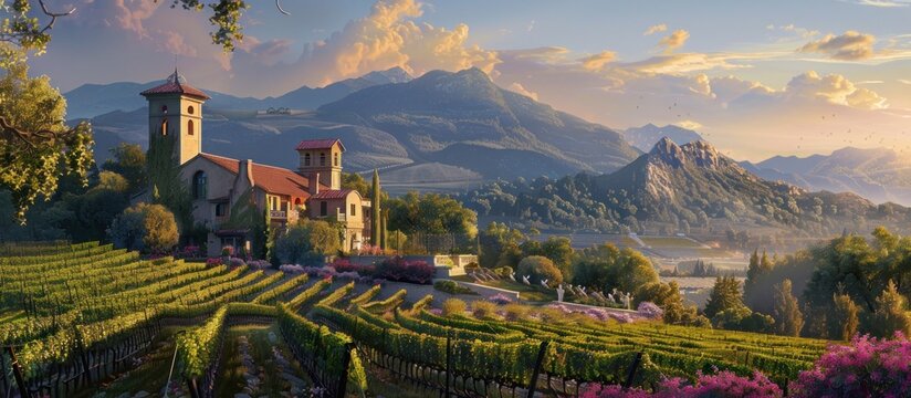A picturesque vineyard nestled in a valley with a charming stone building, surrounded by rolling hills and a mountain range in the distance