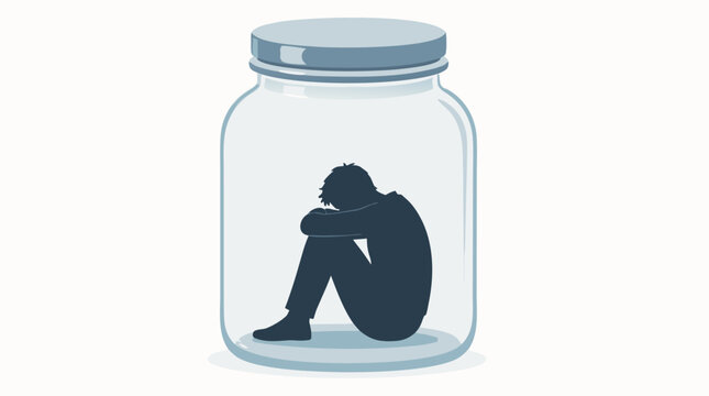 A flat vector illustration of a human silhouette trapped inside a transparent glass jar, powerfully symbolizing feelings of isolation, entrapment, and mental confinement.