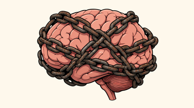 A flat vector illustration of heavy iron chains tightly wrapped around an abstract human mind or head shape, symbolizing mental constraints, oppression, and psychological confinement.