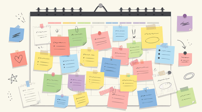Flat vector illustration of a wall calendar covered in dozens of overlapping colorful sticky note tasks, ideal for depicting overwhelm, stress, and poor time management concepts.