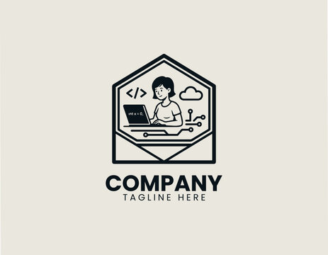 female software engineer coding woman tech black white vector logo