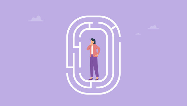 Businesswoman in the middle of maze labyrinth finding exit or the way out. Find way out of difficult situation or solving business problem concept.