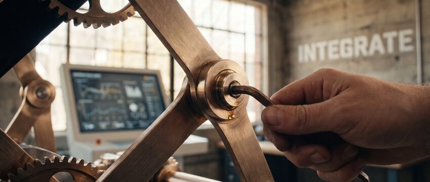 Engineer hand adjusting brass mechanism with wrench in industrial workshop, calibrating metal gear component representing system integration, precision technology, and manufacturing development proces