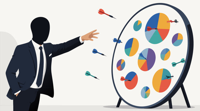 A flat vector illustration of a faceless businessperson in a suit throwing multiple colorful darts at a large circular board covered in pie charts, symbolizing investment strategy and portfolio alloca