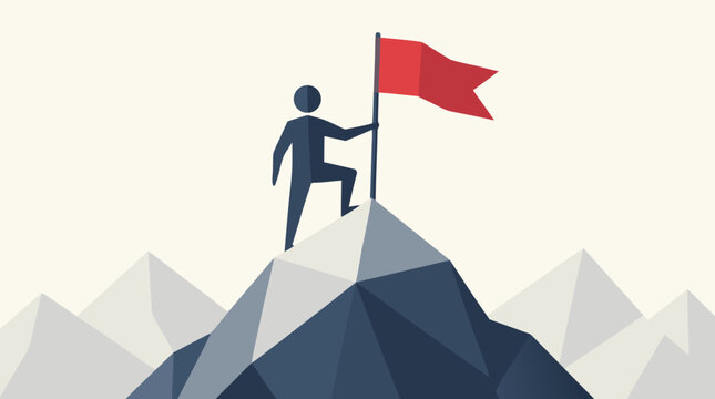 Flat vector illustration of a geometric faceless figure planting a red flag on a triangular mountain peak, perfect for leadership, achievement, and goal-reaching concepts in business marketing.