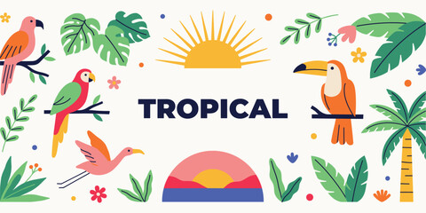 Tropical Illustration With Parrots Palm Leaves And Sunburst Elements © StockVerse