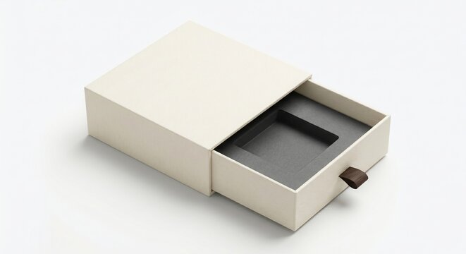 Open empty cream sliding drawer box with a dark grey inset holder isolated on a white background. Premium product packaging mockup and retail branding template.