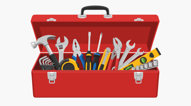 A flat vector illustration of an open red toolbox filled with a variety of colorful hand tools including wrenches, hammers, and screwdrivers, ideal for DIY and home repair branding.