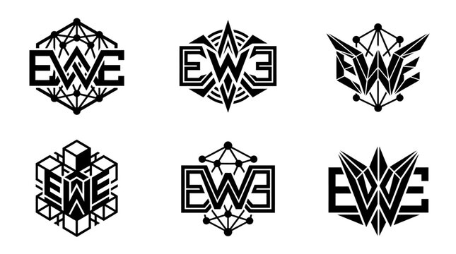 Collection of EWE letter logos with geometric abstract designs.