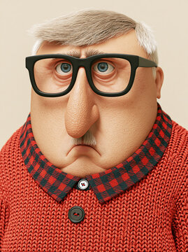 Grumpy old senior dad man cartoon character with glasses, silver hair, red cardigan, and plaid shirt on beige background.