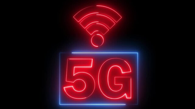 Glowing neon red and blue color wi-fi with 5G network text icon animation sign symbol on black background
