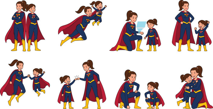 Superhero Mother and Daughter Character Pose Set Showing Mom and Girl Flying High Fiving Standing and Hugging for Strong Family Protection Concept Designs