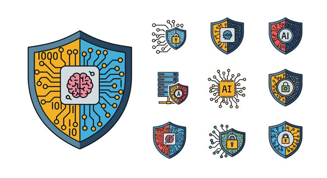 AI Brain Protection Shield with Circuit Board and Binary Code - Cyber Security Concept