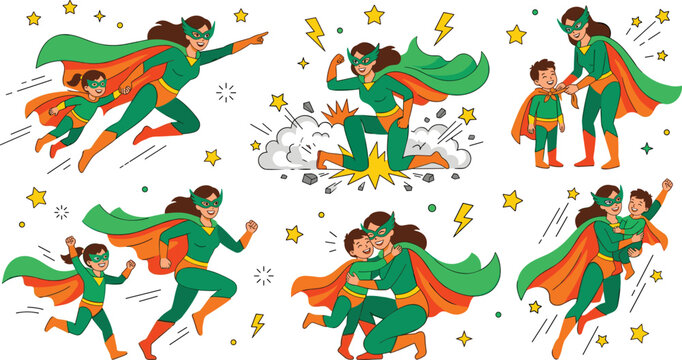 Superhero Mother and Children Character Action Set Featuring Mom and Kids Flying Running Landing Hugging and Dressing for Powerful Family Concept Designs