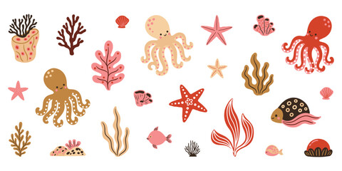 Marine life illustration featuring coral starfish octopus and seaweed © StockVerse