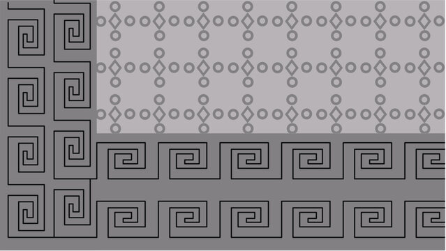 Greek key border vector with classical meander motif framing circular lattice of connected dots on dark geometric background