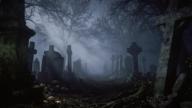 Eerie Fog Envelops Ancient Tombstones in a Dark, Atmospheric Graveyard Scene for Horror Concepts